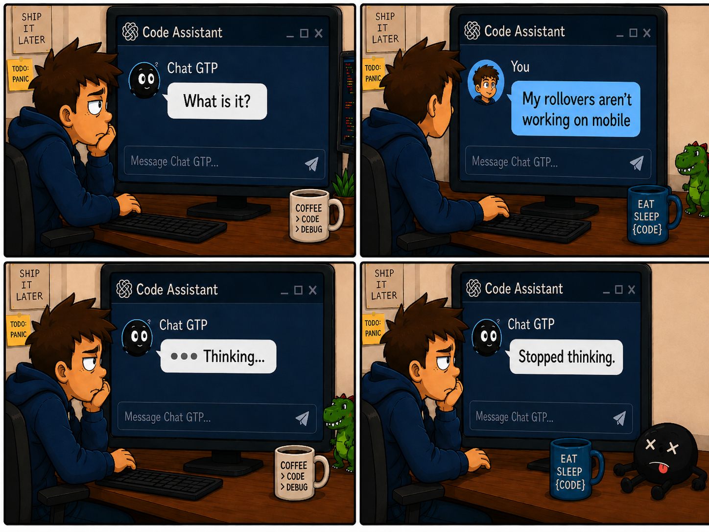 Rollovers - Code Assistant comic strip